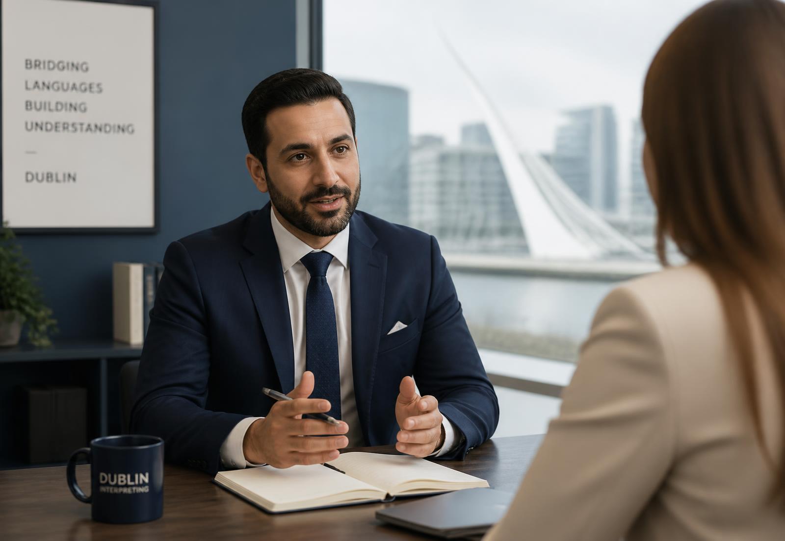 Certified linguist consulting with a client in a Dublin office